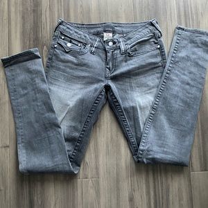 Rare True Religion! Faded gray denim with diamond accents, button flap pockets.
